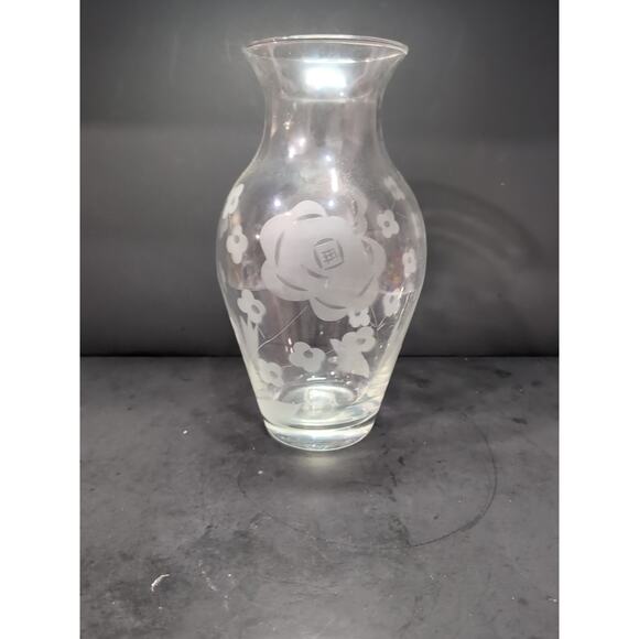 Etched Clear Glass Vase, Vintage Floral Design, 12" Glass Vase, Leaves & Flowers - Picture 1 of 9